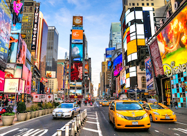 Times Square in New York with yellow taxis