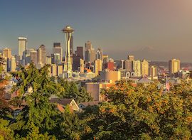 Seattle skyline with the Space Needle at sunset, Washington