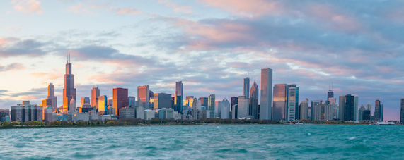 Chicago skyline on Lake Michigan at sunset