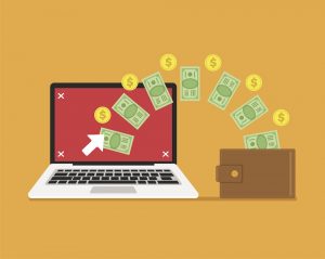 Illustration of money flowing from a laptop to a wallet