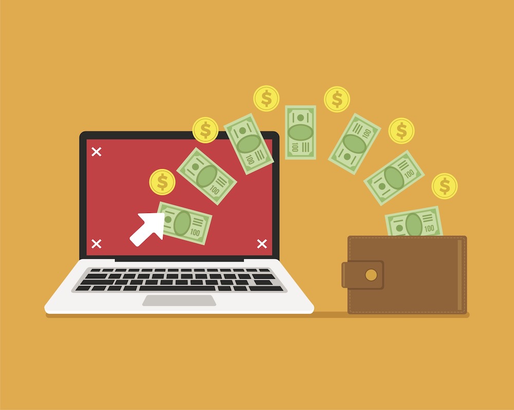Illustration of money flowing from a laptop to a wallet