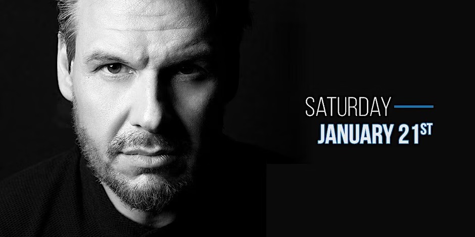 Event promo with a man's portrait, Saturday January 21st