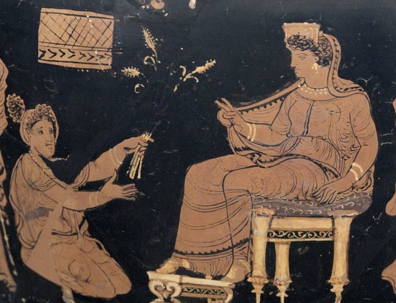 Ancient Greek red-figure vase painting of a seated woman and a girl