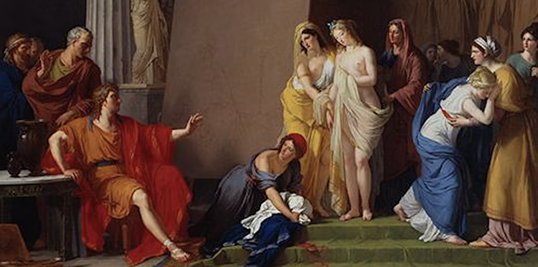 Classical painting of ancient Greek figures in a dramatic scene