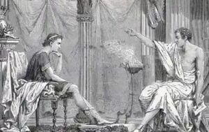 Engraving of an ancient Greek teacher and a young student in discussion