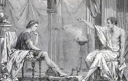 Engraving of an ancient Greek teacher and a young student in discussion
