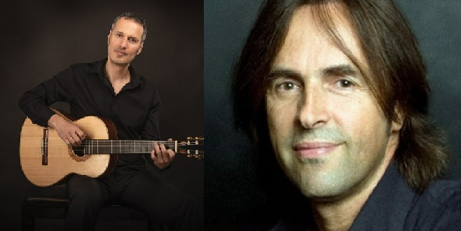 Man playing an acoustic guitar beside a close-up portrait of a man