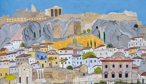 Colorful painting of Athens with the Acropolis above the old town