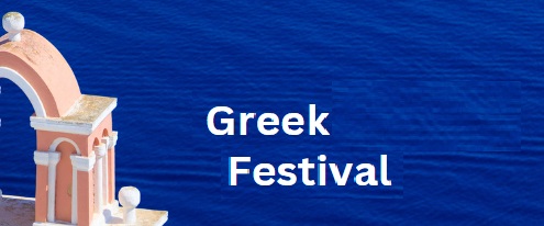 Greek Festival banner with a pink and white building by the sea